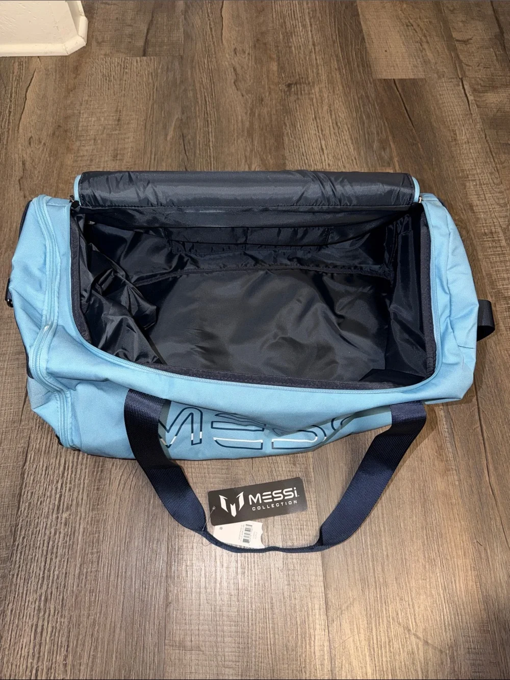 Light Blue MESSI Duffel Bag with Navy Accents-NWT